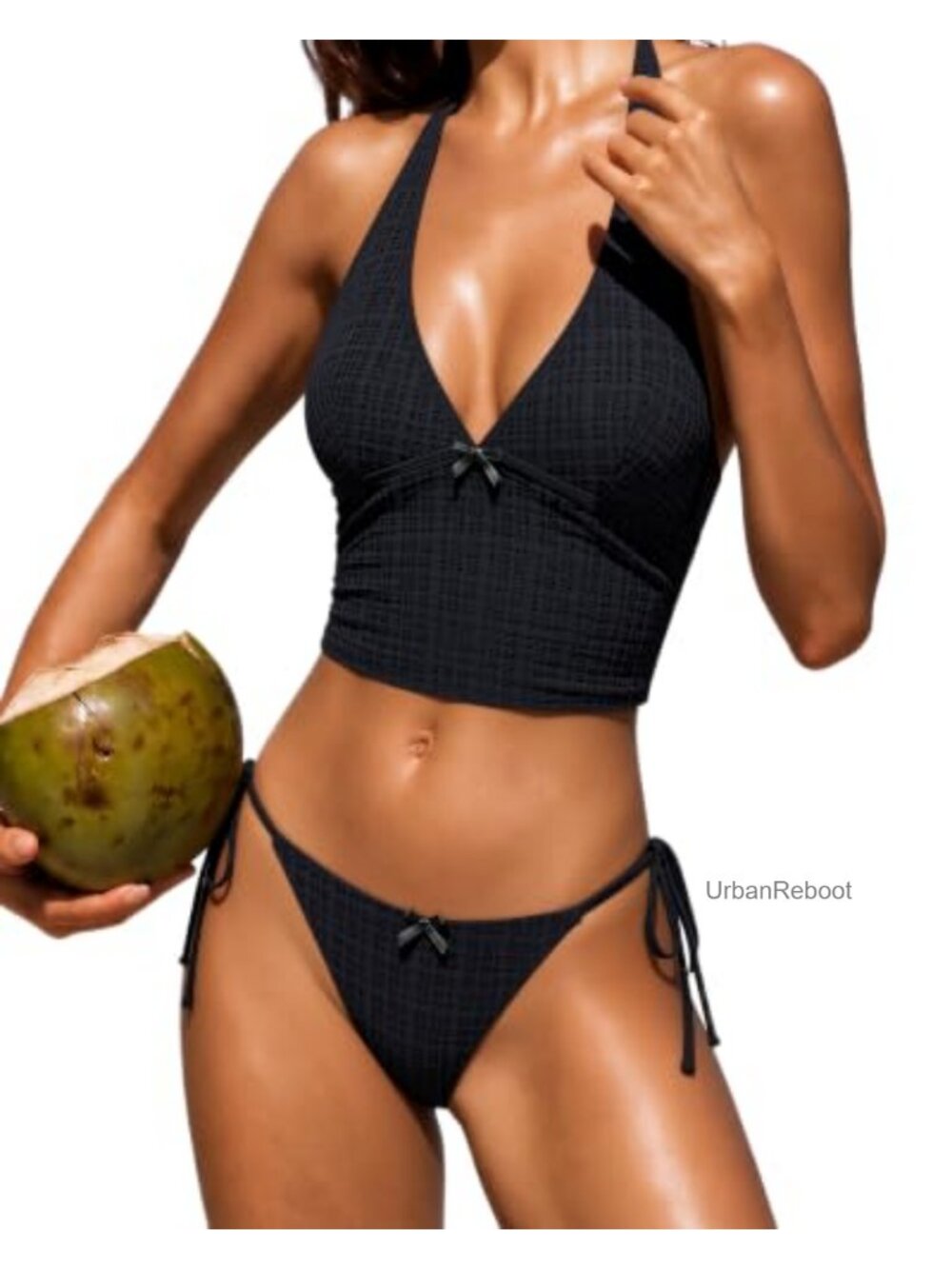 Women Sexy Halter Cropped Tankini Deep V Two Piece Bathing Suit